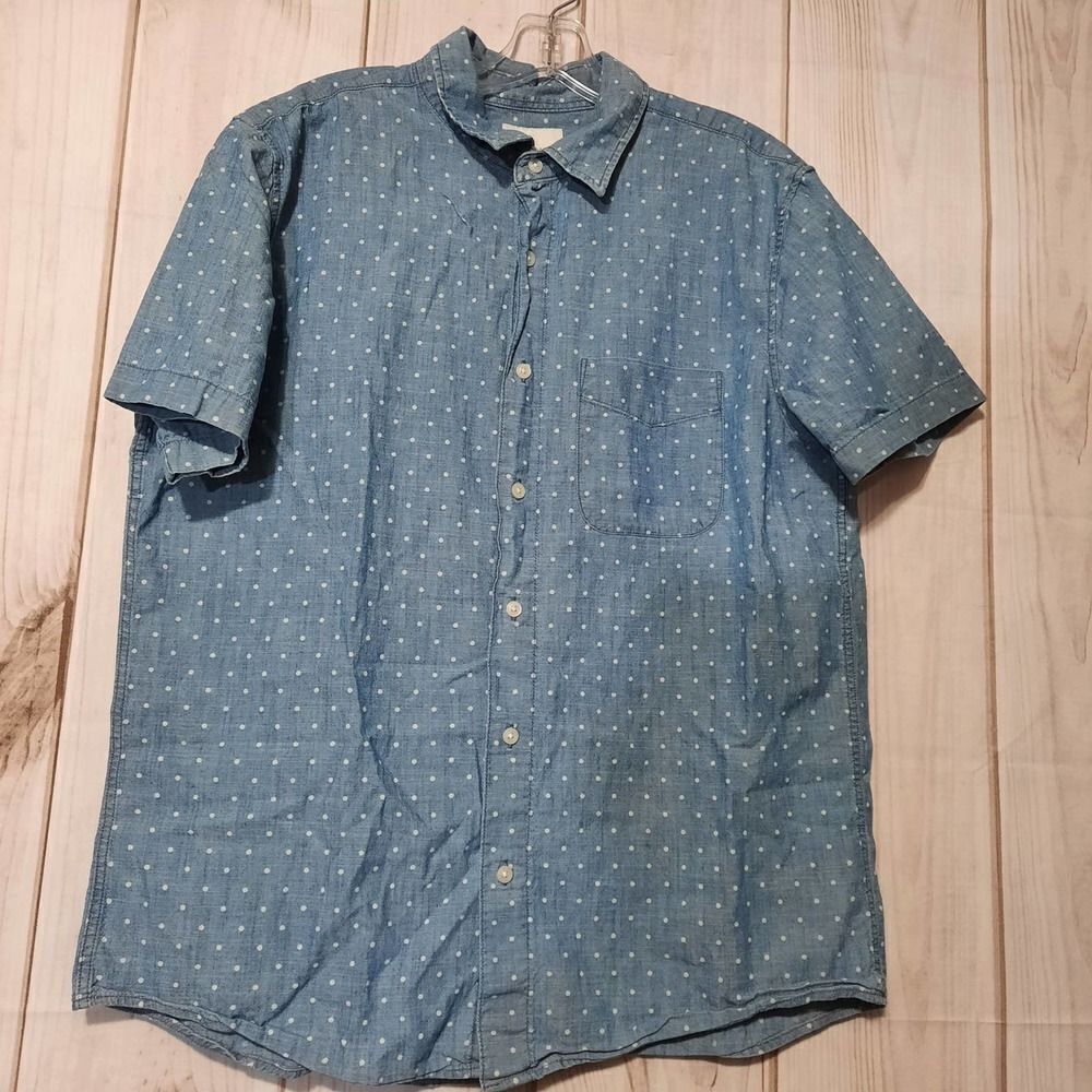 American Eagle Mens Blue Polka Dot Chambray Short Sleeve Button Down Shirt Large